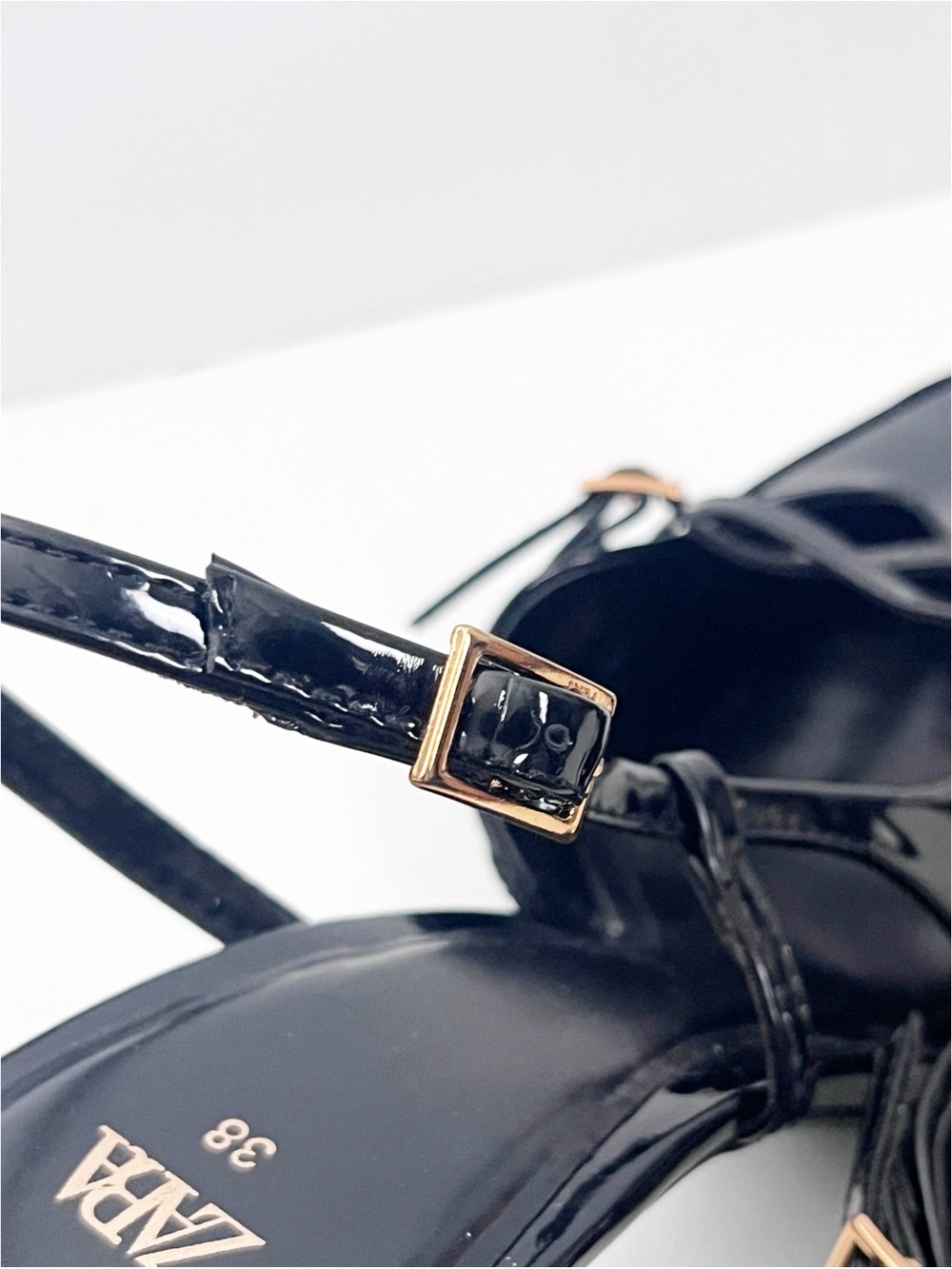 ZARA Black Patent Leather Strappy Pointy Toe Slingback Heels Size 38 Classic - Picture 5 of 11